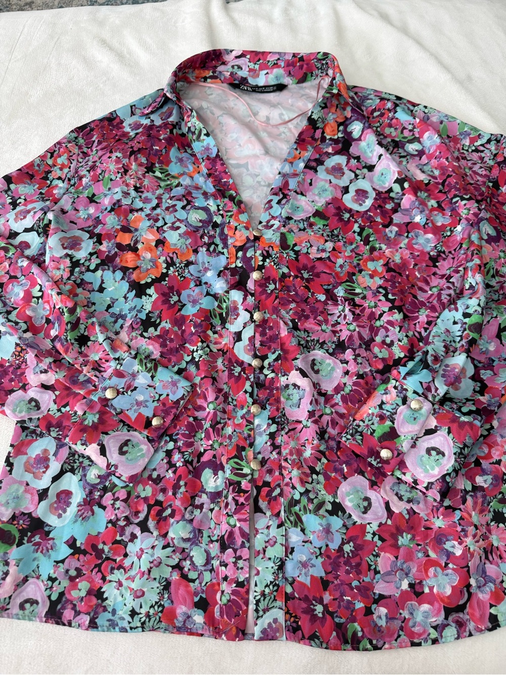 Zara floral polyester blouse pink & mint floral print button-down closures E06